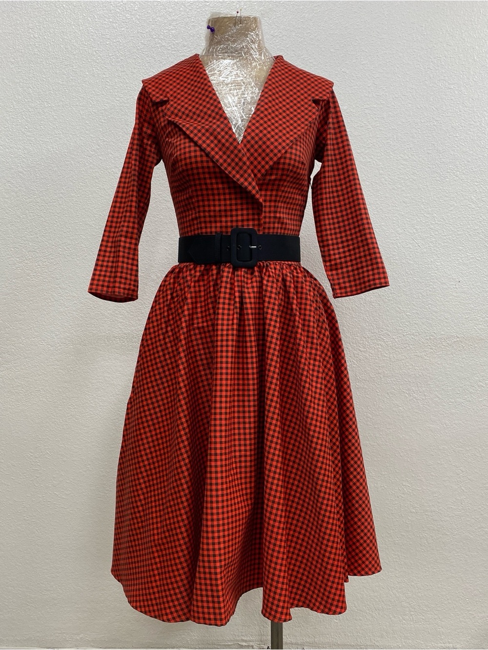 Pinup Couture Orange-Red and Black Gingham Fit-and-Flare Midi Dress